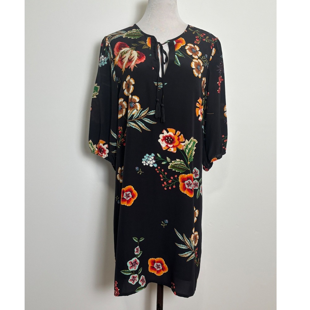 Johnny Was Floral Print Silk Tassel Shift Dress M Zorya Mini Black Puff Sleeve